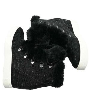 Steve Madden Crystal Embellished Women's Black Faux Fur-Trimmed Sneakers 6.5